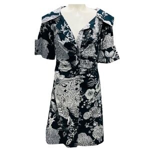 LELA ROSE NAVY FLORAL PRINTED OPEN NECK SHIRT DRESS
